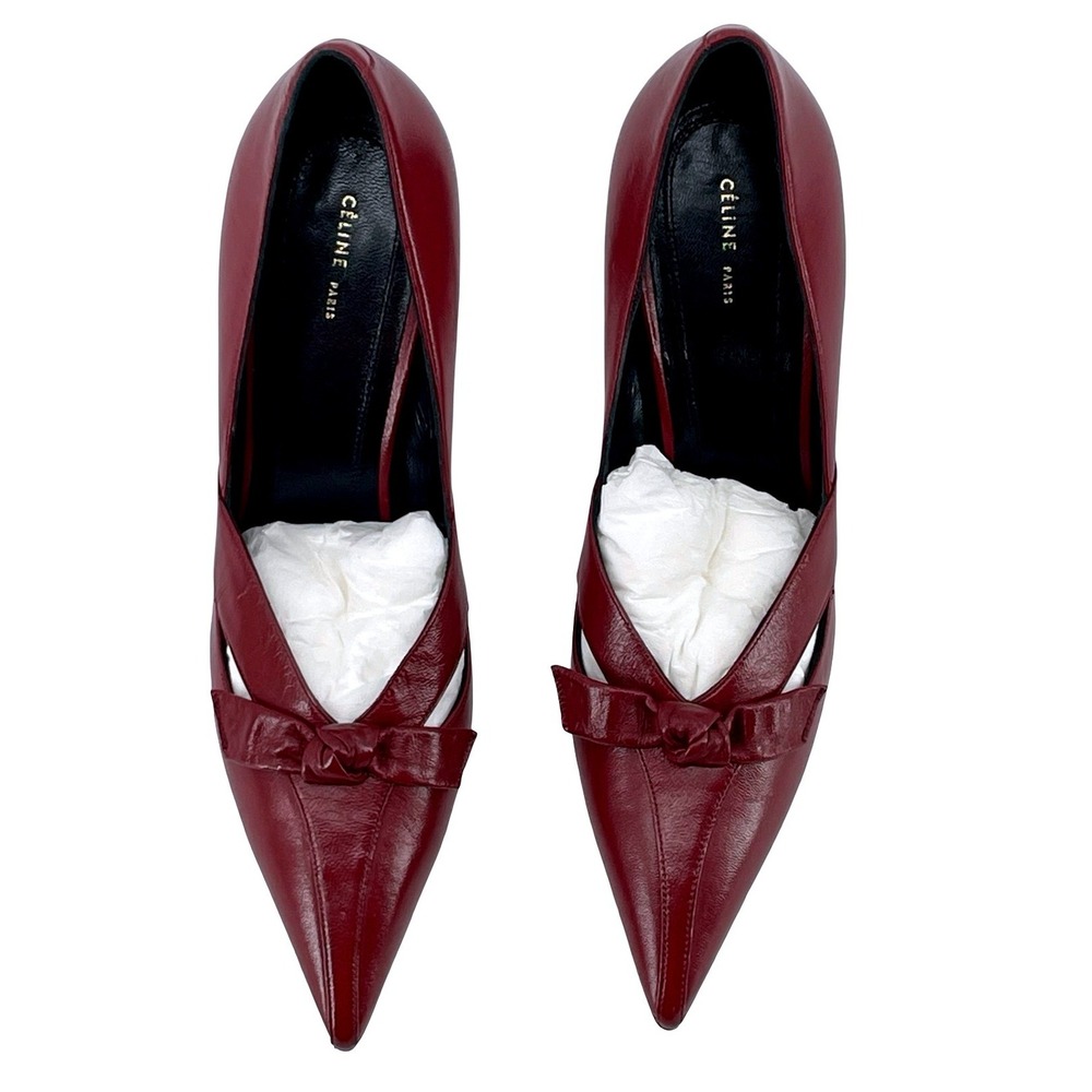 Celine Women Pumps Stiletto Pointed Toe Bow Burgundy Leather Vintage Size 40